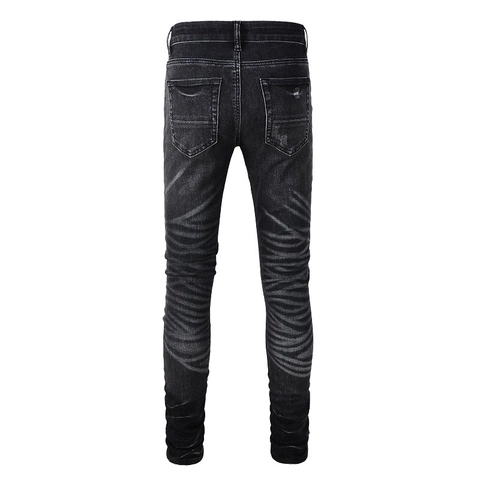 Jeans in Denim Neri American High Street Slim Fit Strappati Con Strass Pantaloni Trendy Lavati da Uomo