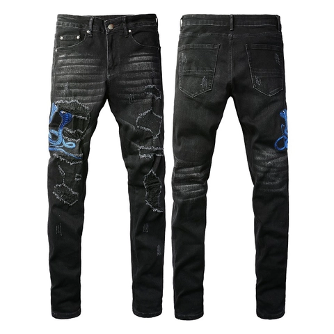 Jeans da Uomo Streetwear con Ricamo Serpente Slim Fit Strappati in Cotone Denim Distressed Rock Punk Style Pantaloni alla Moda per Uomo