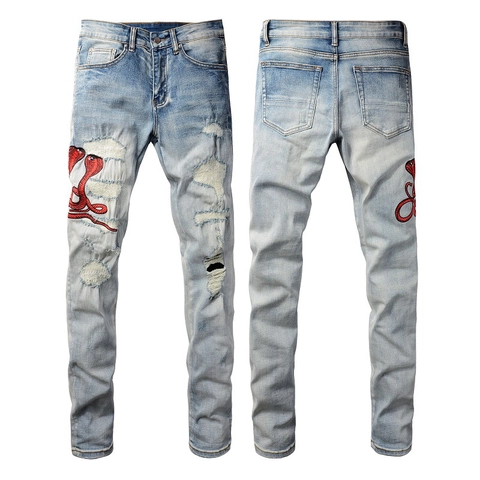 Herren Streetwear Bestickte Schlange Slim Fit Zerrissene Jeans Baumwolle Denim Distressed Rock Punk Style Modische Hose Für Männer