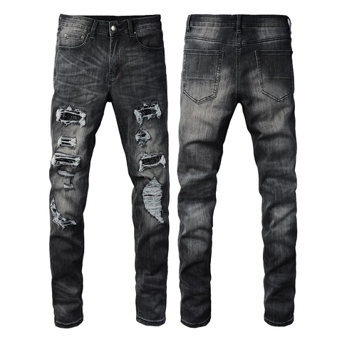 Jeans Strappati con Strass Streetwear da Uomo Slim Fit Pantaloni in Denim di Cotone Distressed Moda High Street Neri Grigi
