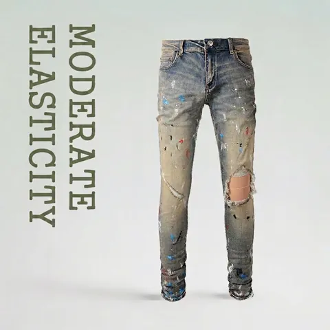 Herren Streetwear Ripped Jeans Distressed Baumwollmischung Denim Farbspritzer Slim Fit Bleistifthose Lässige Punkhose