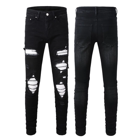 Heren Slim Fit Gescheurde Jeans Stretch Denim Katoen Distressed Patched Broek Streetwear Hip Hop Casual Broek Voor Mannen Zwart