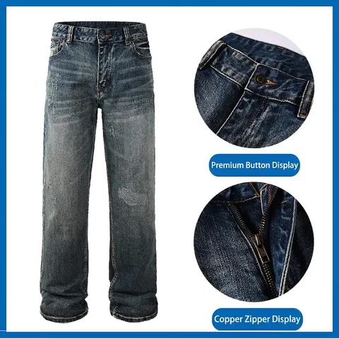 Herren Retro Distressed Straight Leg Jeans Plus Size Lockere Passform Baumwolle Denim Hose Atmungsaktiv Lässig Vintage Blau Hosen