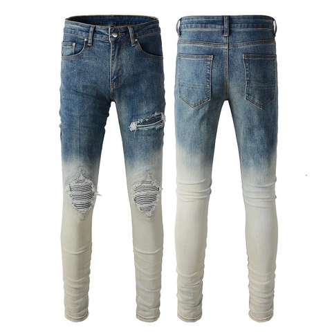 Jeans Déchirés Homme Coupe Ajustée Dégradé Bleu Blanc Pantalon Denim Distressed Avec Trous Patch Stretch Style High Street Homme