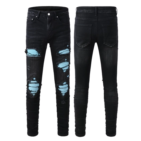 Heren Slim Fit Gescheurde Jeans Stretch Denim Katoen Distressed Patched Broek Streetwear Hip Hop Casual Broek Voor Mannen Zwart