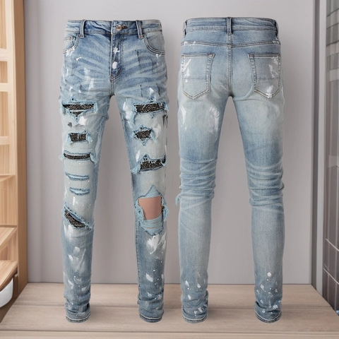 Jeans Distressed da Uomo American High Street Blu Chiaro con Patch a Stella in Strass e Vernice Slim Fit Pantaloni in Denim