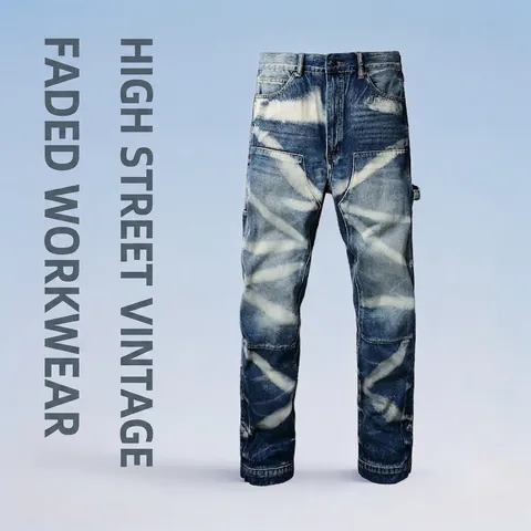 Herren High Street Retro Gebleicht Cargo Jeans Gerades Bein Multi Taschen Patchwork Carpenter Denim Hose Für Herren Streetwear