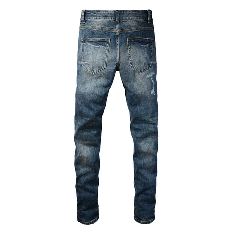 Ανδρικά High Street Κατεστραμμένα Σκισμένα Τζιν Slim Fit Μείγμα Βαμβακιού Τζιν Παντελόνι Vintage Washed Patchwork Μόδα