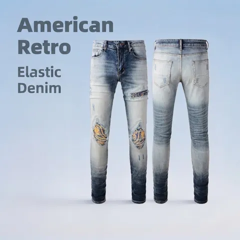 Ανδρικό American Vintage Ταλαιπωρημένο Σκισμένο Τζιν Ελαστικό Denim Slim Fit Παντελόνι Patchwork Γαλάζιο Ξεβαμμένο Streetwear Casual Παντελόνι