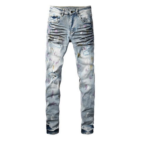 Herren Slim Fit Biker Jeans Distressed Baumwolle Denim Hose Graffiti Farbspritzer Plissee Heavy Craft Streetwear