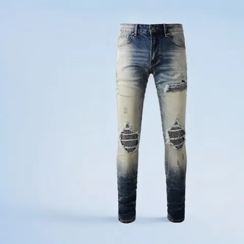 Herren High Street Strass Zerrissene Jeans Distressed Washed Denim Hosen Hip Hop Streetwear Mode Skinny Jeans