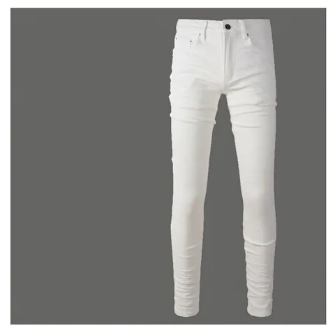 Men White Slim Fit Denim Jeans With Stacked Hem Stretch Cotton Trousers For Casual Street Fashion Minimalist Solid Color Pant