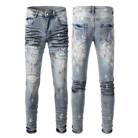 Herren Jeans Mit Rissen Distressed Farbspritzer Slim Fit Denim Hose Whiskers Streetwear Casual Hose Für Männer Mode