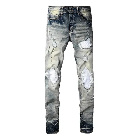 Jeans in Denim Strappati da Uomo American High Street Graffiti Splatter Distressed Patch Slim Fit Elasticizzati Casual