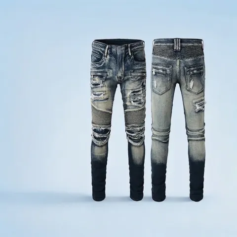Herren Biker Jeans Slim Fit Denim Hose Mit Gefalteten Paneelen Und Reißverschluss-Detail Zerrissene Distressed Streetwear Casual Patchwork Hose