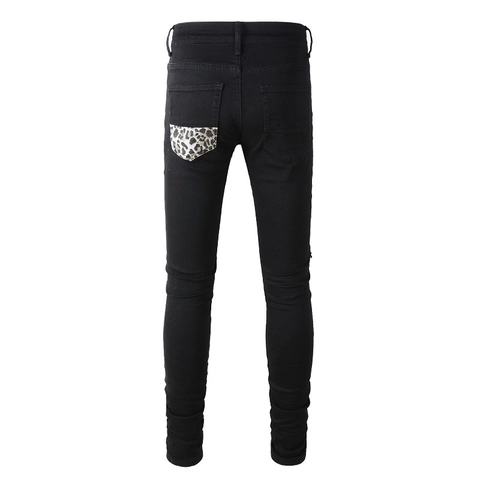 Herren Slim Jeans Baumwolle Denim Schwarz Zerrissen Leopard Patchwork High Street Rock Style Streetwear Lange Hose