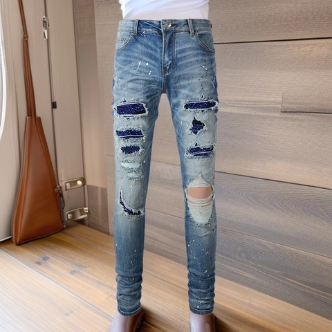 Jeans in Denim Slim Fit High Street da Uomo Con Fori Strappati Toppe in Strass Blu E Spruzzi di Vernice Bianca Pantaloni a Matita