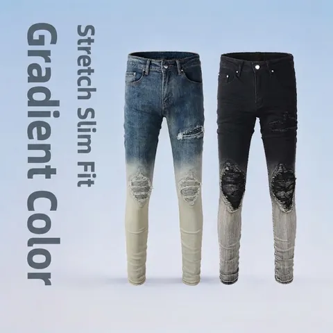 Jeans Déchirés Homme Coupe Ajustée Dégradé Bleu Blanc Pantalon Denim Distressed Avec Trous Patch Stretch Style High Street Homme