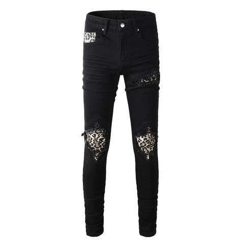 Herren Slim Jeans Baumwolle Denim Schwarz Zerrissen Leopard Patchwork High Street Rock Style Streetwear Lange Hose