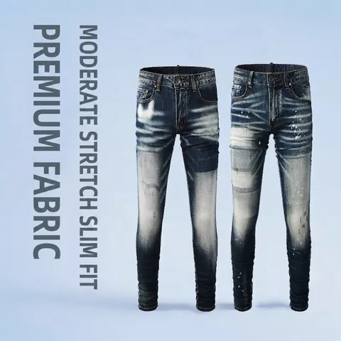 Herren Slim Fit Denim Jeans Distressed Gewaschen Streetwear Hose Vintage Straight Leg Blau Trousers Whiskering Farbspritzer Casual Mode