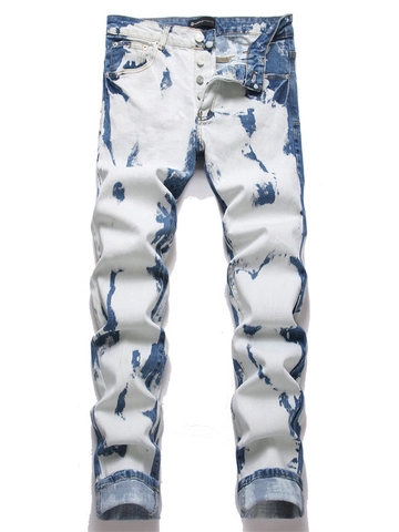 Herren Streetwear Slim Fit Jeans Batik Gebleicht Acid Wash Baumwolle Denim Hose Mit Lederpatch Hip Hop Style Hosen