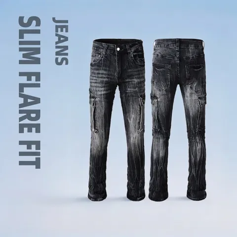 Jeans da Uomo Vintage Vibe Style a Campana Alta Elasticità Denim Lavato Pantaloni Cargo Multitasche Streetwear Casual