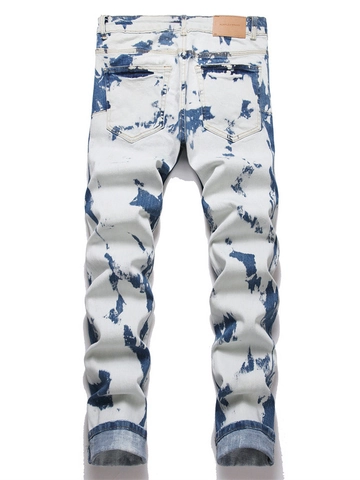 Herren Streetwear Slim Fit Jeans Batik Gebleicht Acid Wash Baumwolle Denim Hose Mit Lederpatch Hip Hop Style Hosen