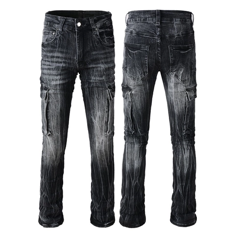 Jeans da Uomo Vintage Vibe Style a Campana Alta Elasticità Denim Lavato Pantaloni Cargo Multitasche Streetwear Casual