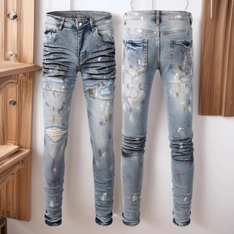 Herren Jeans Mit Rissen Distressed Farbspritzer Slim Fit Denim Hose Whiskers Streetwear Casual Hose Für Männer Mode