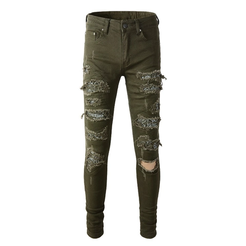 Jeans Déchirés Coupe Ajustée pour Hommes Vert Militaire Streetwear avec Patch Paisley Pantalon en Denim Coton High Street