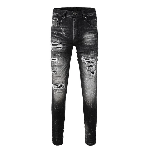 Jeans in Denim Strappati da Uomo American High Street Graffiti Splatter Distressed Patch Slim Fit Elasticizzati Casual