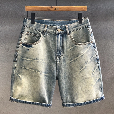 Pantaloncini di Jeans da Uomo in Cotone Lavato Blu Chiaro Vintage Effetto Usurato Cinque Tasche Vita Media Casual Raffinati con Risvolto