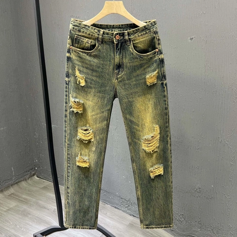 Pantalon Jean Déchiré Vintage pour Hommes Lavage au Soufre Distressed Denim Coupe Droite Retro Streetwear Casual Coton