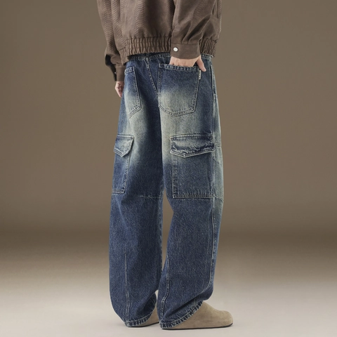 Men's Vintage Retro Blue Washed Cotton Jeans Straight Leg Cargo Pants With Multi Pockets Distressed Denim Casual Trousers