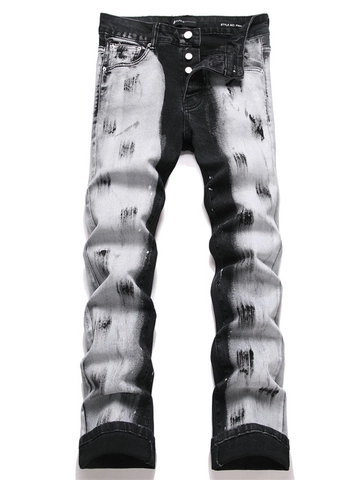 Jean en Denim Distressed Ripped Homme Lavage Dégradé Taches Peinture Coupe Ajustée Coton Mélangé High Street Retro Vintage Pantalon