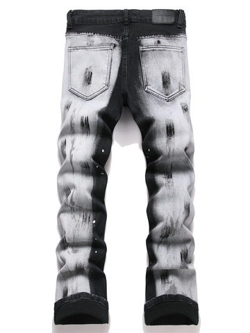 Jean en Denim Distressed Ripped Homme Lavage Dégradé Taches Peinture Coupe Ajustée Coton Mélangé High Street Retro Vintage Pantalon