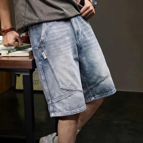 Men's Vintage Washed Denim Shorts Retro Distressed Patchwork Straight Leg Casual Summer Streetwear Cotton Blend Bottoms