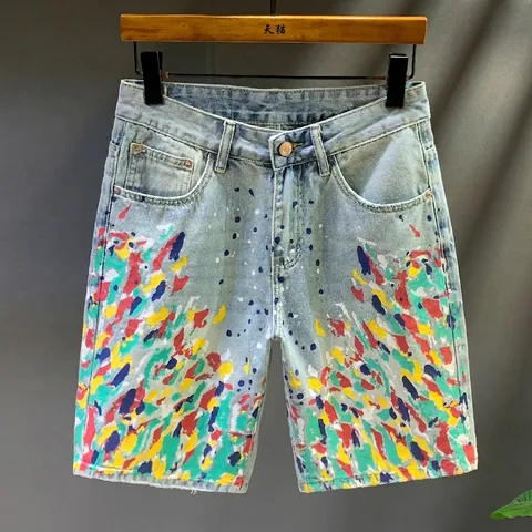 Shorts de Mezclilla para Hombre de Algodón Lavado Azul Claro Con Salpicaduras de Pintura Graffiti Streetwear Informal