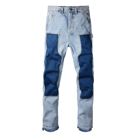 Heren Vintage Distressed Straight Leg Jeans Katoen Denim Strass Klinknagels Patchwork Workwear Cargo Broek Losse Broek