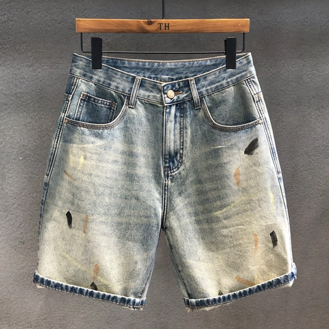 Heren Vintage Graffiti Gewassen Denim Shorts Relaxed Straight Fit Katoen Casual Vijfpunt Half Lange Broek Voor Heren
