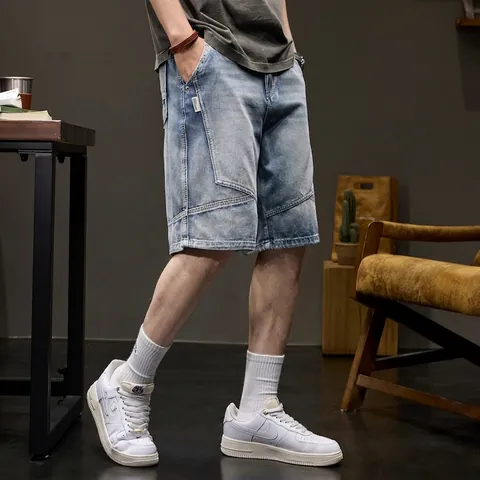 Men's Vintage Washed Denim Shorts Retro Distressed Patchwork Straight Leg Casual Summer Streetwear Cotton Blend Bottoms