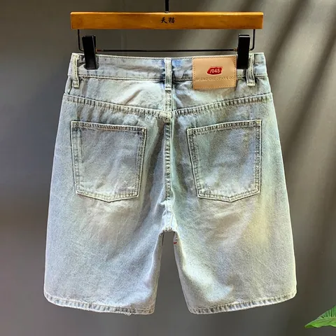 Shorts de Mezclilla para Hombre de Algodón Lavado Azul Claro Con Salpicaduras de Pintura Graffiti Streetwear Informal