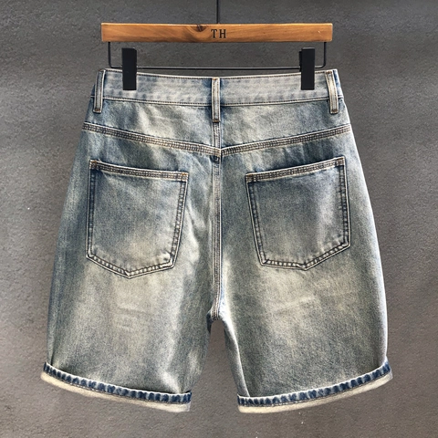 Heren Vintage Graffiti Gewassen Denim Shorts Relaxed Straight Fit Katoen Casual Vijfpunt Half Lange Broek Voor Heren