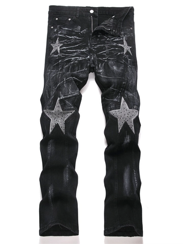 High Street Men Star Patch Rhinestone Washed Denim Jeans Loose Wide Leg Retro Distressed Streetwear Cotton Pants Black