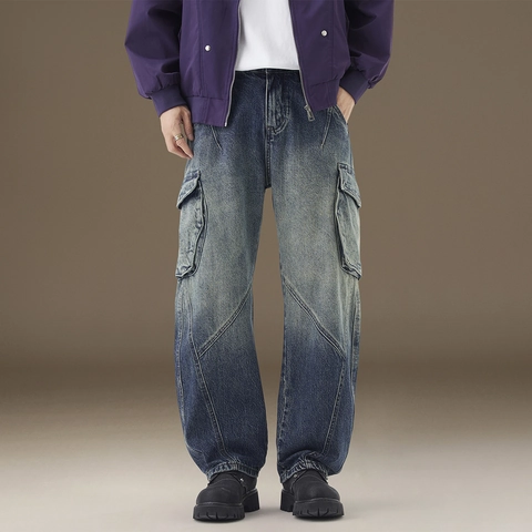 Herren Vintage Blau Distressed Cargo Jeans Heavy Denim Lockerer Sitz Mehrere Taschen Arbeitshose Streetwear Baumwolle Denim Hose