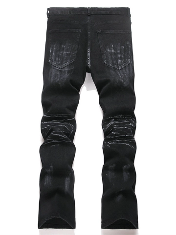 High Street Men Star Patch Rhinestone Washed Denim Jeans Loose Wide Leg Retro Distressed Streetwear Cotton Pants Black
