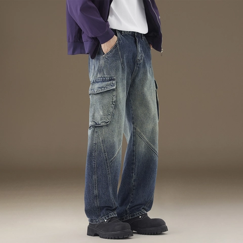 Herren Vintage Blau Distressed Cargo Jeans Heavy Denim Lockerer Sitz Mehrere Taschen Arbeitshose Streetwear Baumwolle Denim Hose