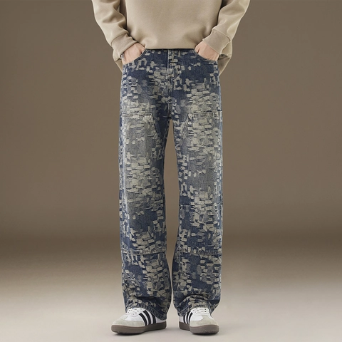 Jeans Uomo Retro Jacquard Gamba Dritta Motivo Pixel Lavato Distressed Denim Pantaloni Streetwear Moda Pantaloni Blu Chiaro