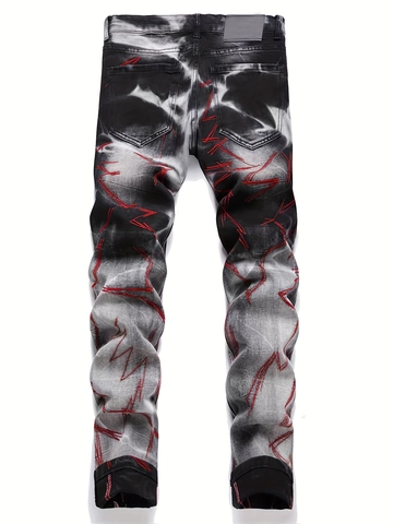 Jean Slim Fit pour Hommes Broderie Éclair Denim Coton Extensible Délavage Acide Imprimé Fumée Pantalon Mode Streetwear