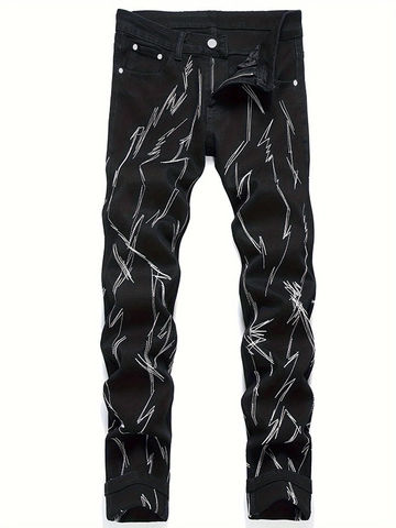 Heren Zwarte Slim Fit Denim Jeans Met Witte Bliksem Borduurwerk Streetwear Gewassen Middelhoge Taille Lange Broek Voor Mannen